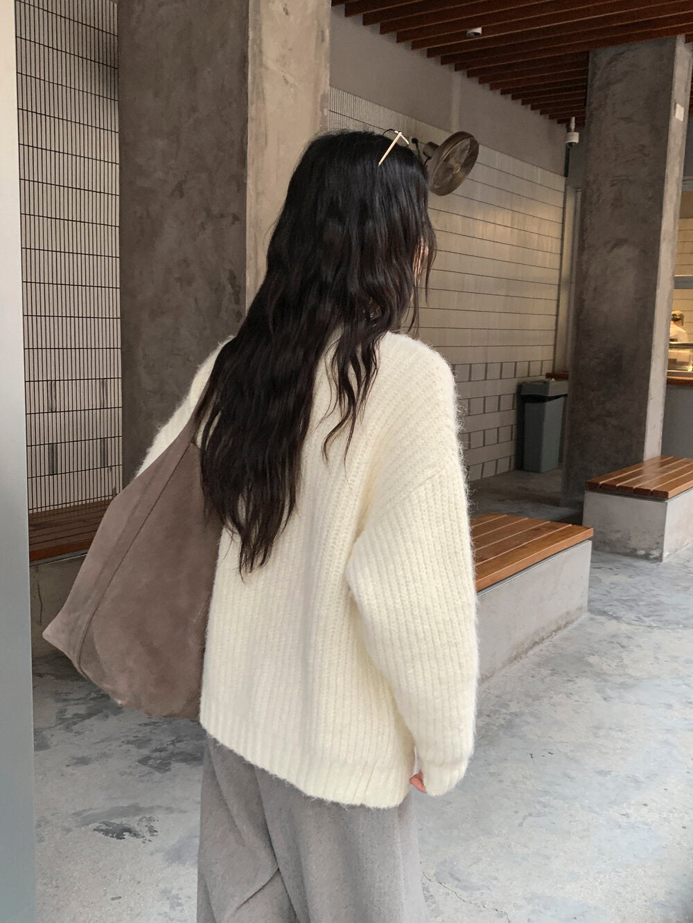 // 8%wool深v粗織邊口袋中長CD