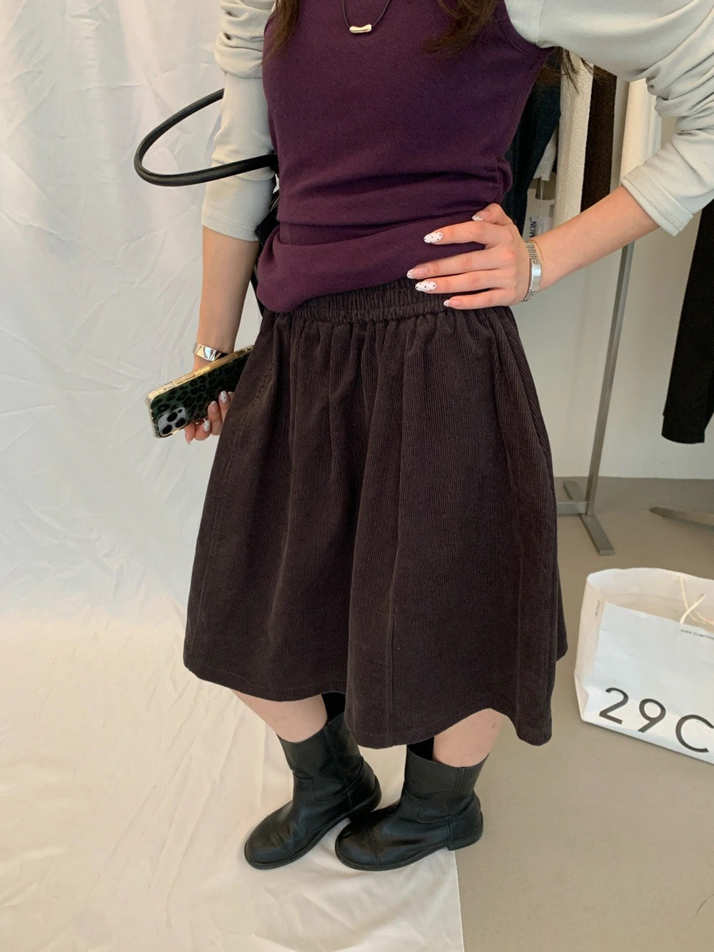 S29 / 復古燈芯絨橡筋腰傘型短裙