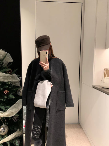 // 70%綿羊毛簡約插肩V領長款手工羊毛外套(連頸巾)