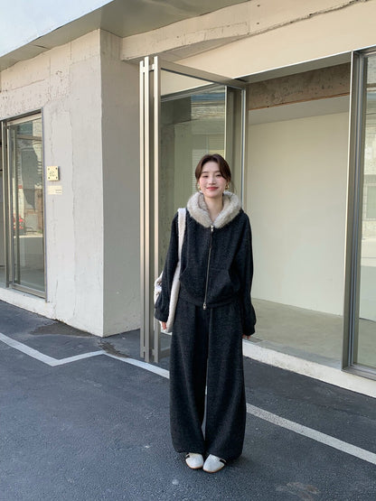 // 毛毛領衛衣外套+休閒褲套裝