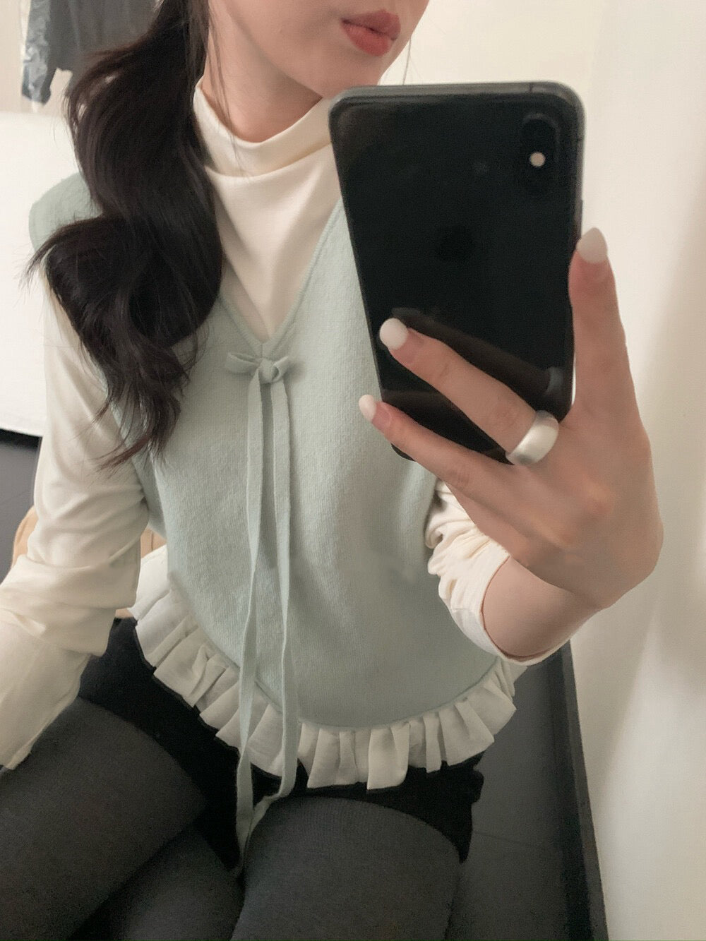 // 蝴蝶結設計拼接花邊針織背心+混羊毛打底套裝