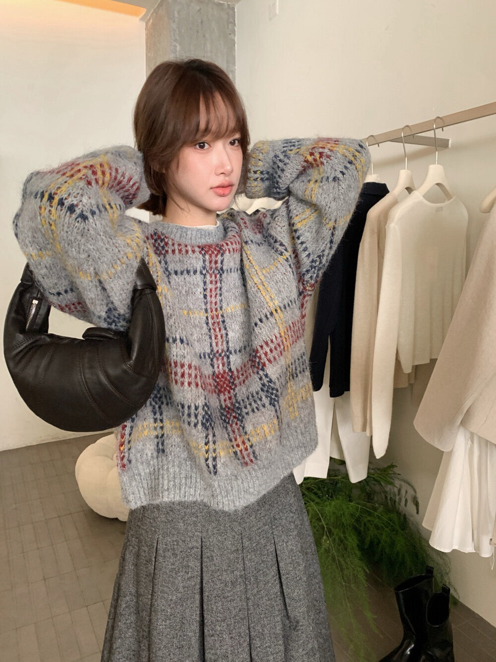 // 聖誕風復古感格紋混羊毛毛衣