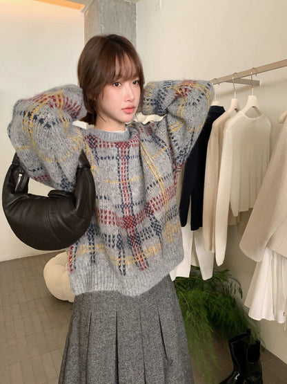 // 聖誕風復古感格紋混羊毛毛衣