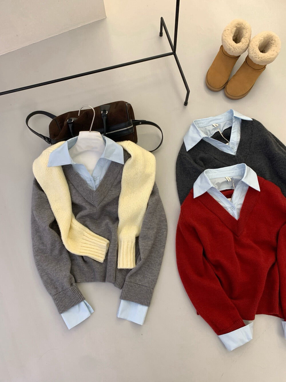 // 帥氣假兩件拼接恤衫領毛衣