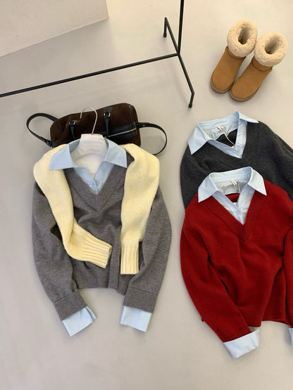 // 帥氣假兩件拼接恤衫領毛衣