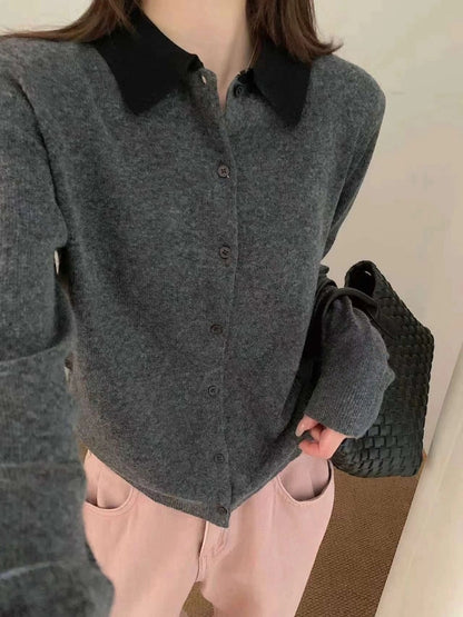 B106 / 撞色翻領排扣針織上衣(30%fine wool)
