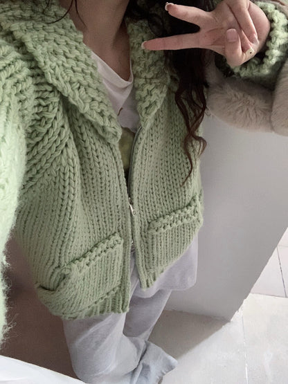 // 30%wool粗棒針手工織感圓翻領口袋拉鍊CD