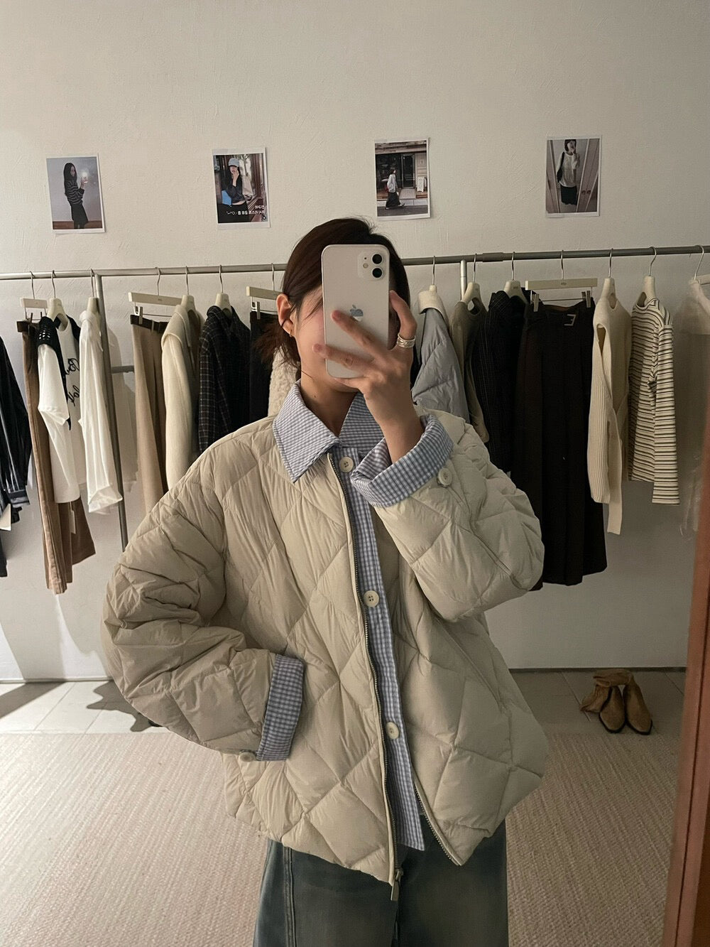 // 特別款菱格90%duck down拼接假兩件外套