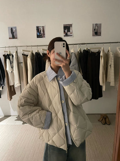 // 特別款菱格90%duck down拼接假兩件外套