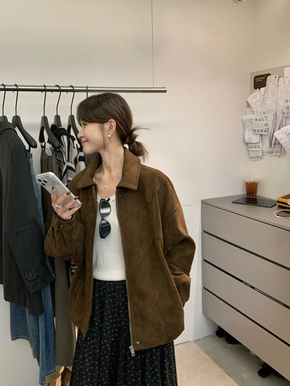 // 帥氣麂皮絨翻領外套