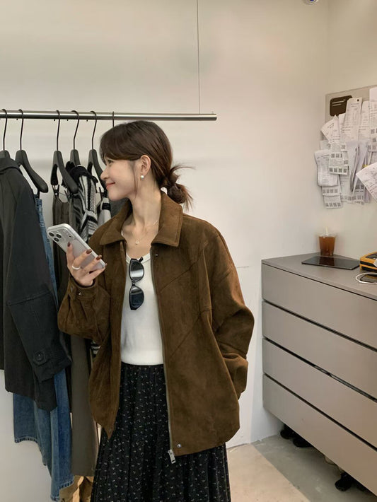 // 帥氣麂皮絨翻領外套