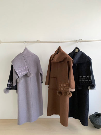 // 70%綿羊毛簡約插肩V領長款手工羊毛外套(連頸巾)