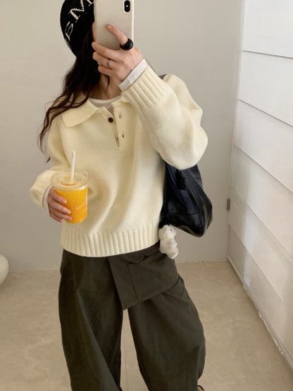 // 超韓領鈕扣粗坑紋翻領毛衣