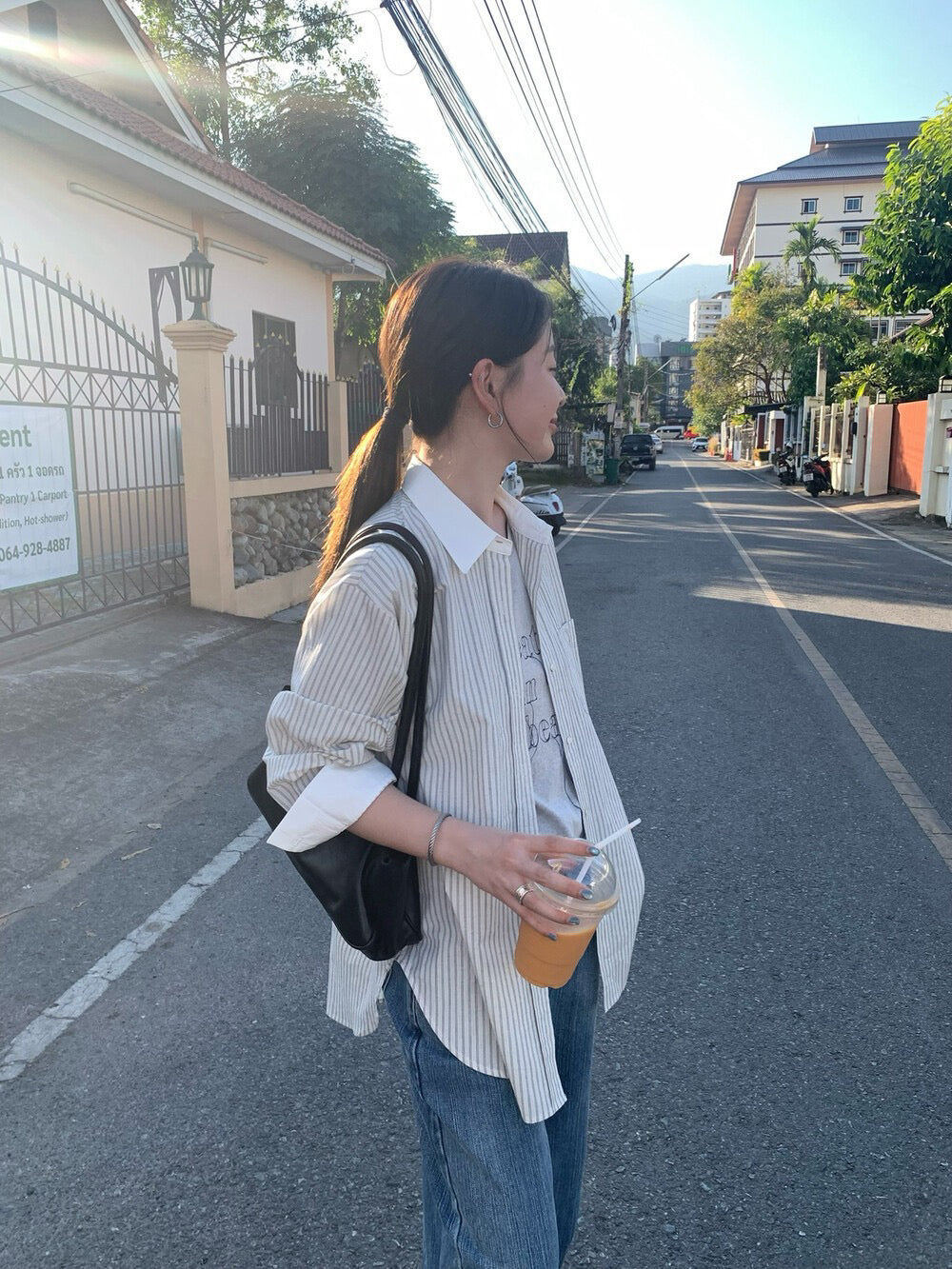 🦒 拼色領子棉麻間條恤衫