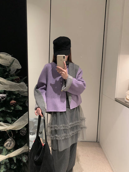 // 100%羊毛馬卡龍色系圓領短款手工外套(連三角巾)