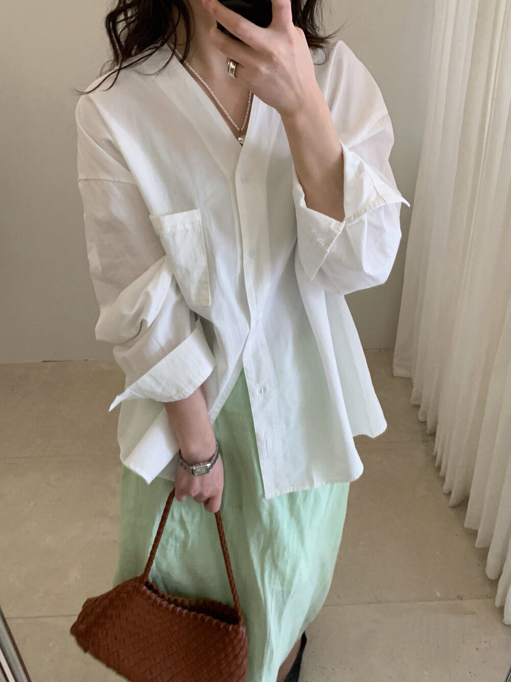 🫗 純棉V領口袋鬆弛感恤衫