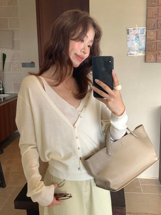 // 設計感鈕扣針織外套+背心兩件套