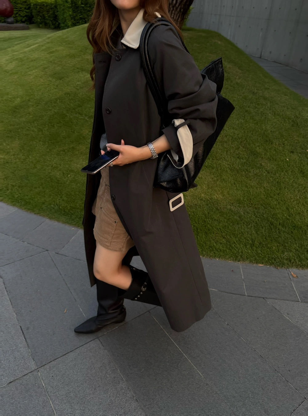 J26 / 撞色翻領復古長款trench coat