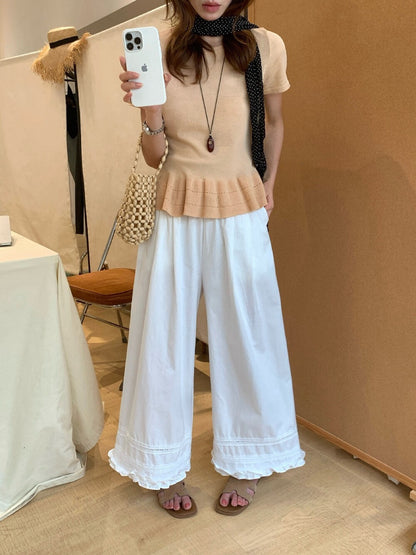 // 小復古刺繡花邊腳休閒褲