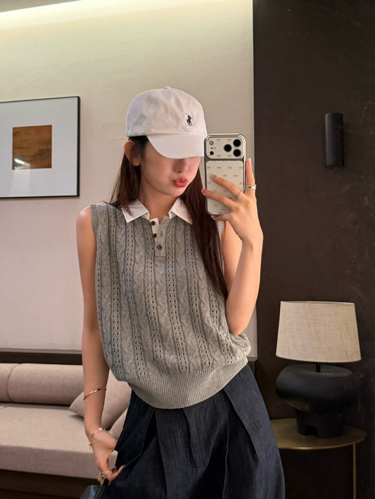 K10 / 拼接polo翻領鏤空織紋背心