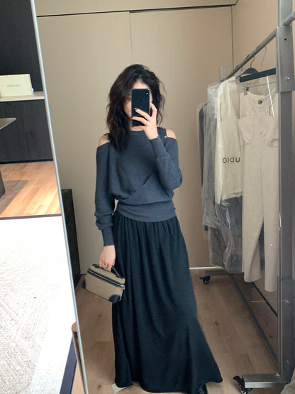 // 設計感交叉露肩針織上衣