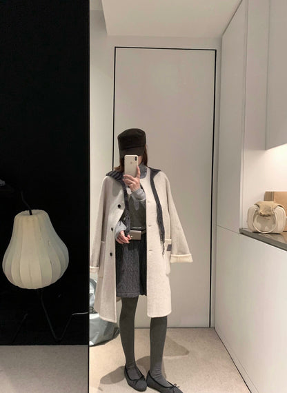 // 100%羊毛可拆針織帽內撞色手工外套