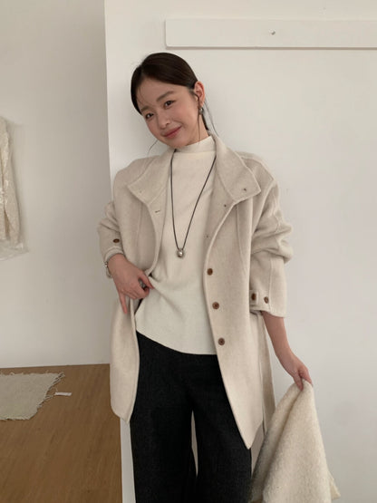 // 100%羊毛小立領排扣連腰帶雙面手工外套