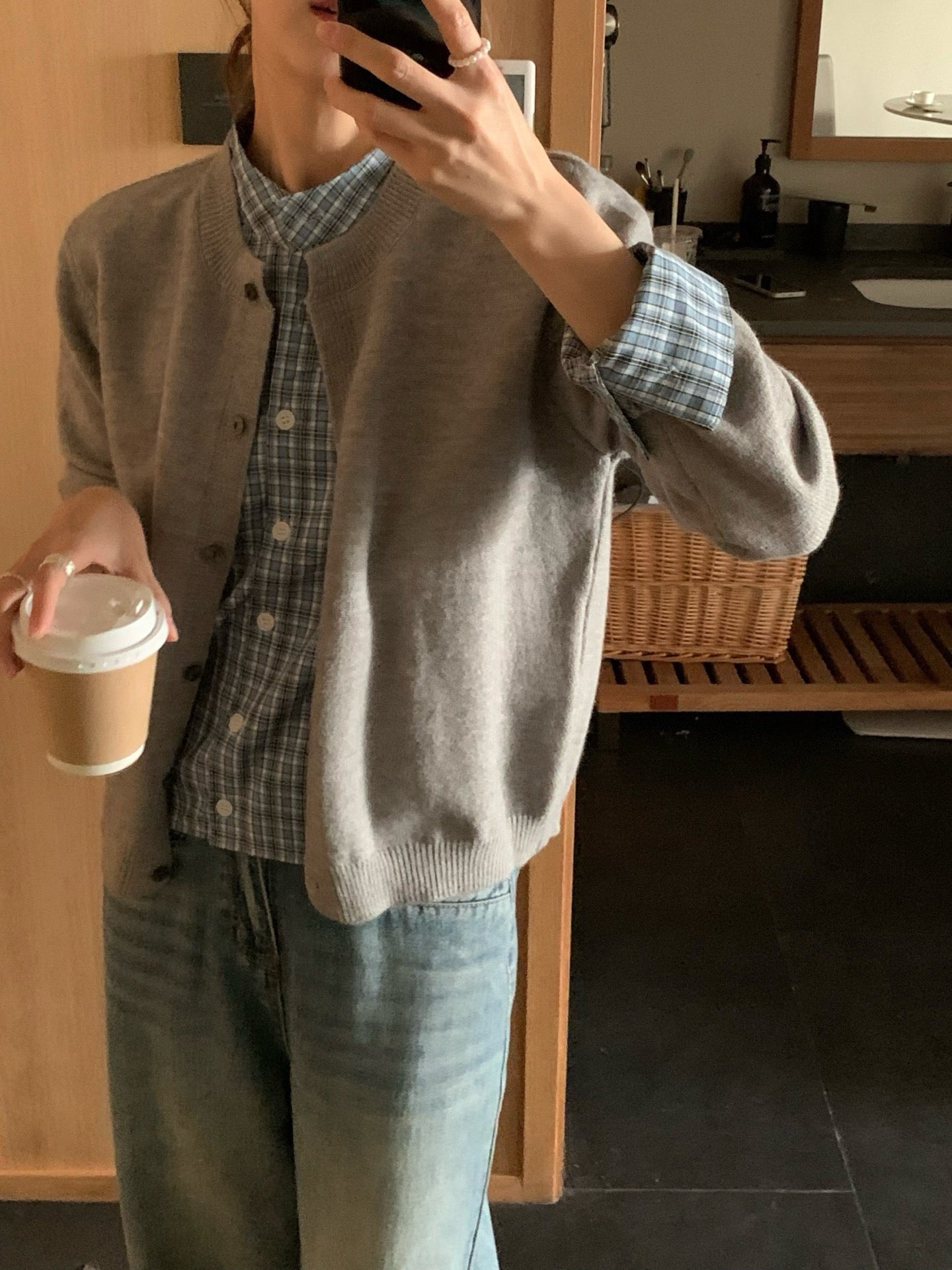 // 大熱拼接格紋恤衫假兩件上衣