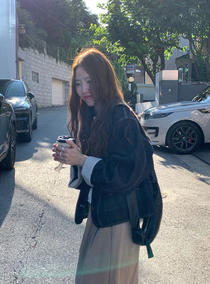 // 復古感明線格仔內裡拼接牛仔外套