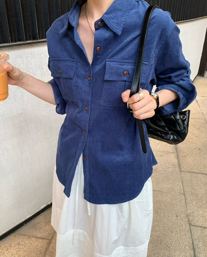 // 霧面感燈芯絨雙口袋SH