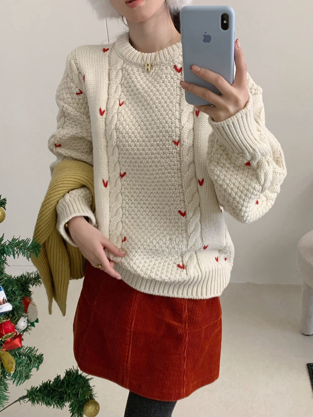 // 5%wool心心刺繡麻花毛衣