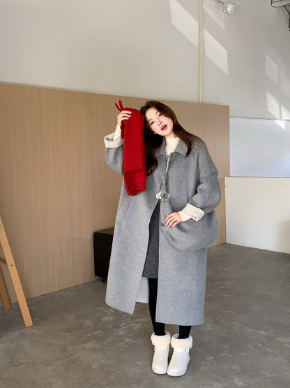 // 100%羊毛簡約翻領長款手工外套(連斜背包)