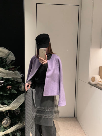 // 100%羊毛馬卡龍色系圓領短款手工外套(連三角巾)