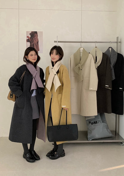 // 撞色內裡斜襟連頸巾100%羊毛雙面手工外套