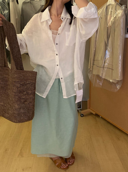 // 麻質拼接腳綁帶腰中裙