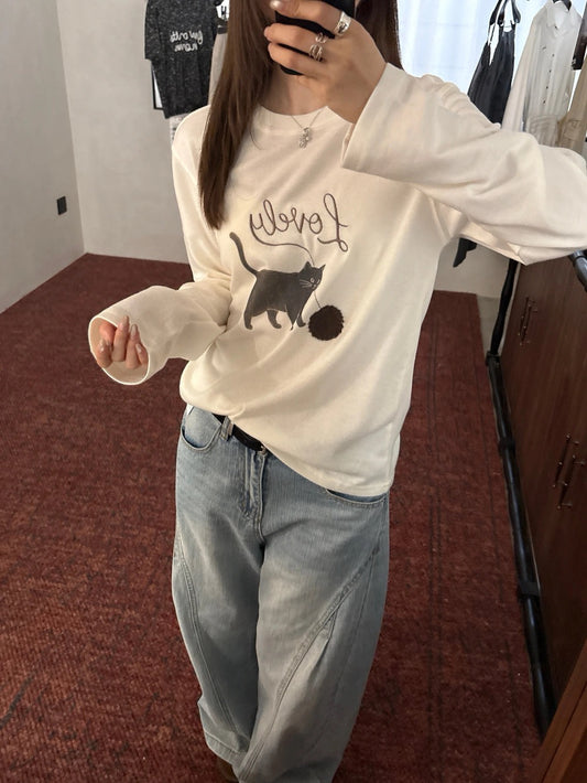 B207 / 可愛小貓圖案圓領長袖TEE