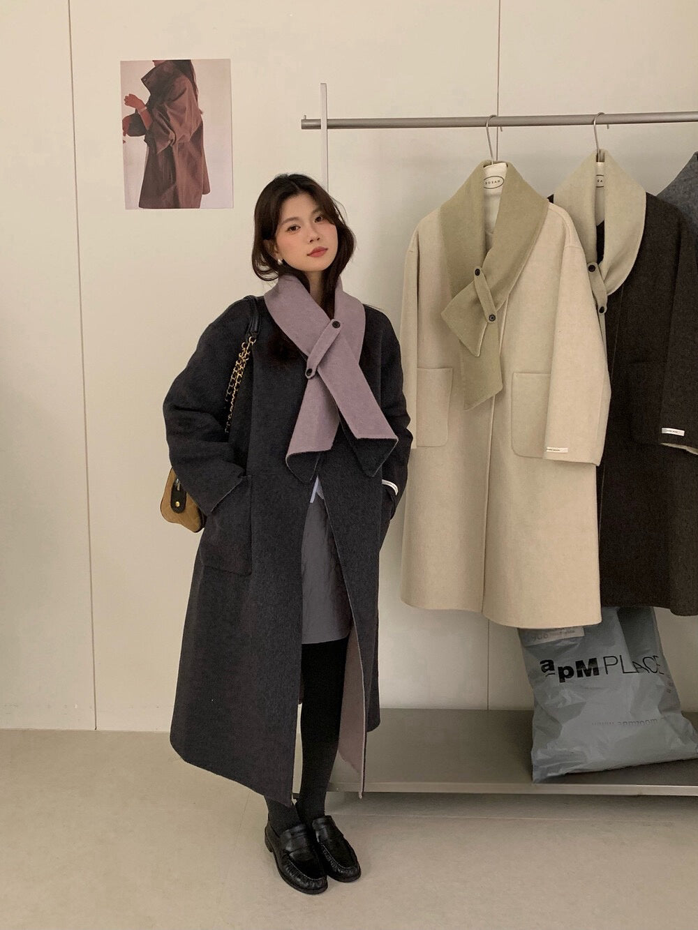 // 撞色內裡斜襟連頸巾100%羊毛雙面手工外套