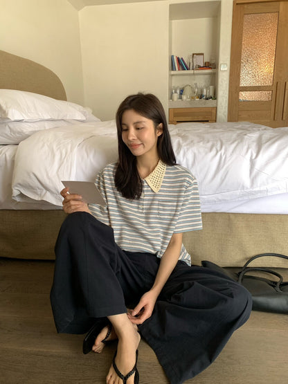 // 拼接針織翻領鈕扣混點間條上衣