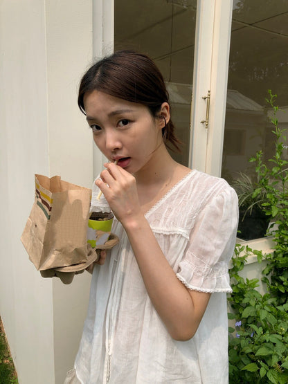 B23 / 100%麻打褶綁帶V領微傘BL