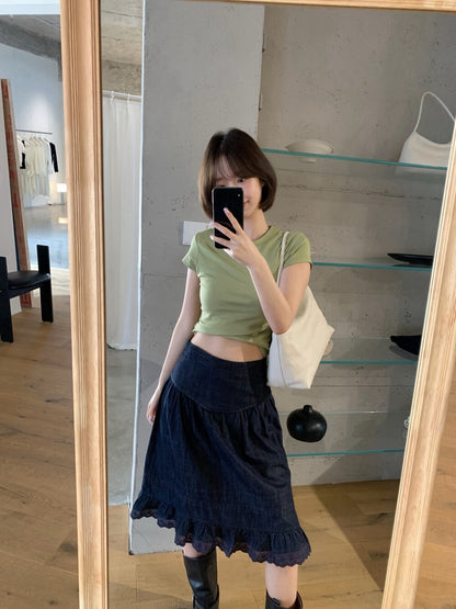 🛌 精緻拼刺繡鏤空花邊牛仔五分裙