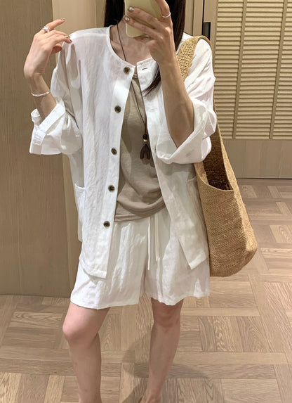 S25 / 輕薄棉麻反褶袖開胸上衣+背心+短褲三件套
