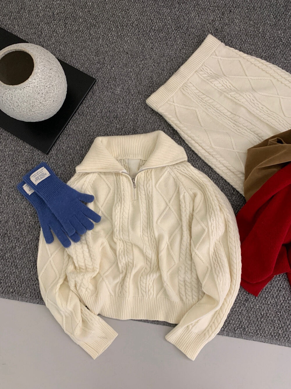 // 麻花半拉鍊立領毛衣+短裙套裝