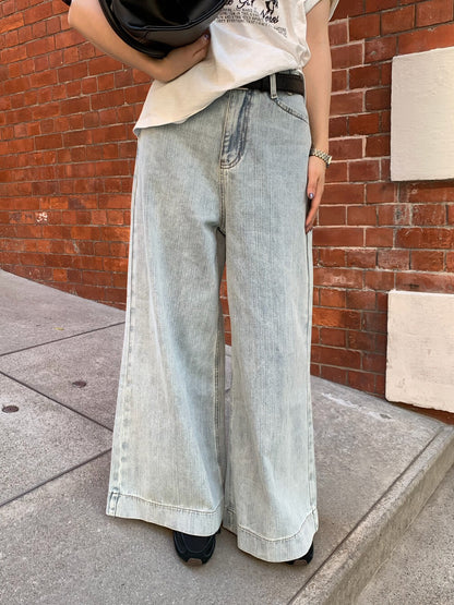 // 超舒服竹節棉軟身牛仔闊褲(連腰帶)