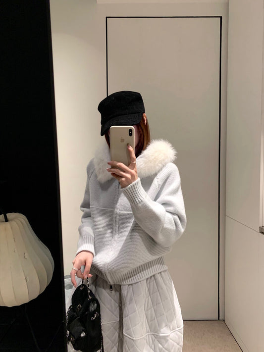 // 拼織紋可拆卸毛毛邊連帽CD