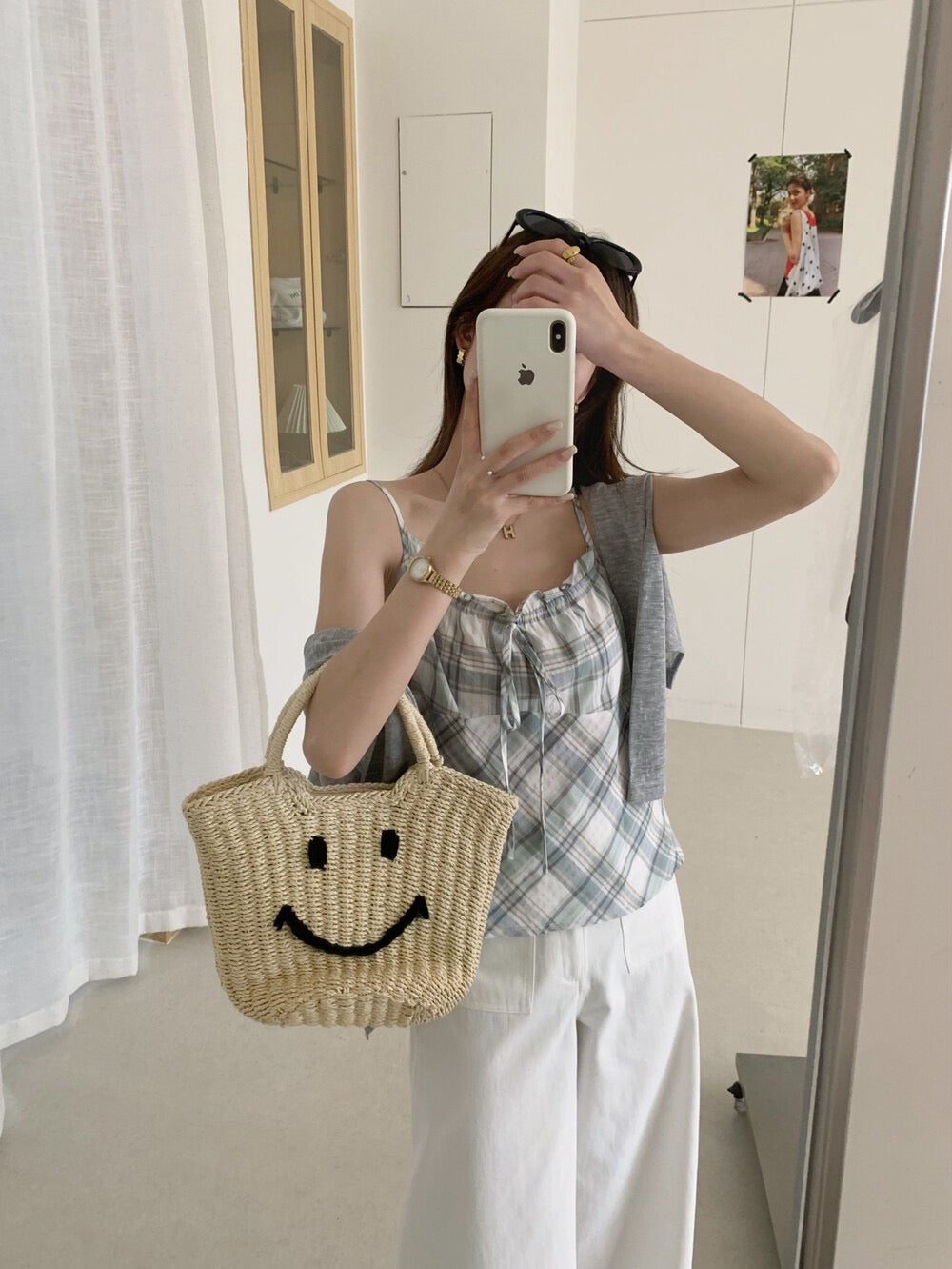 // 花邊格紋小吊帶+薄針織外套套裝