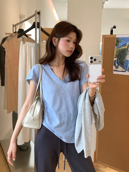 // 顯瘦V領雪花麻質TEE