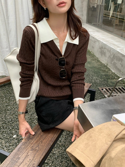 B215 / 拼接假兩件恤衫翻領麻花針織上衣