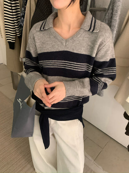 // 極簡風小V翻領間條毛衣