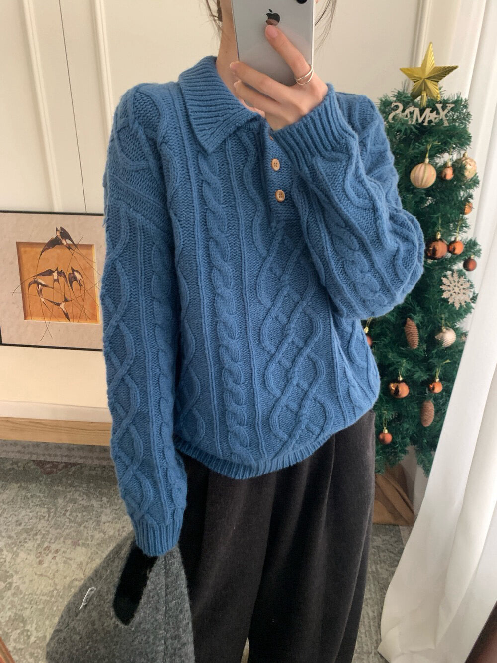 // 100%羊毛鈕扣翻領麻花毛衣