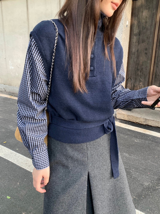 // 設計感假兩件拼格紋恤衫鈕扣高領NT